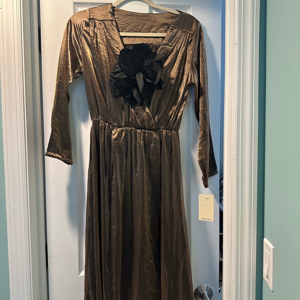 Metallic Brown Dress with Black Flower Accent midi length,medium to large. New.